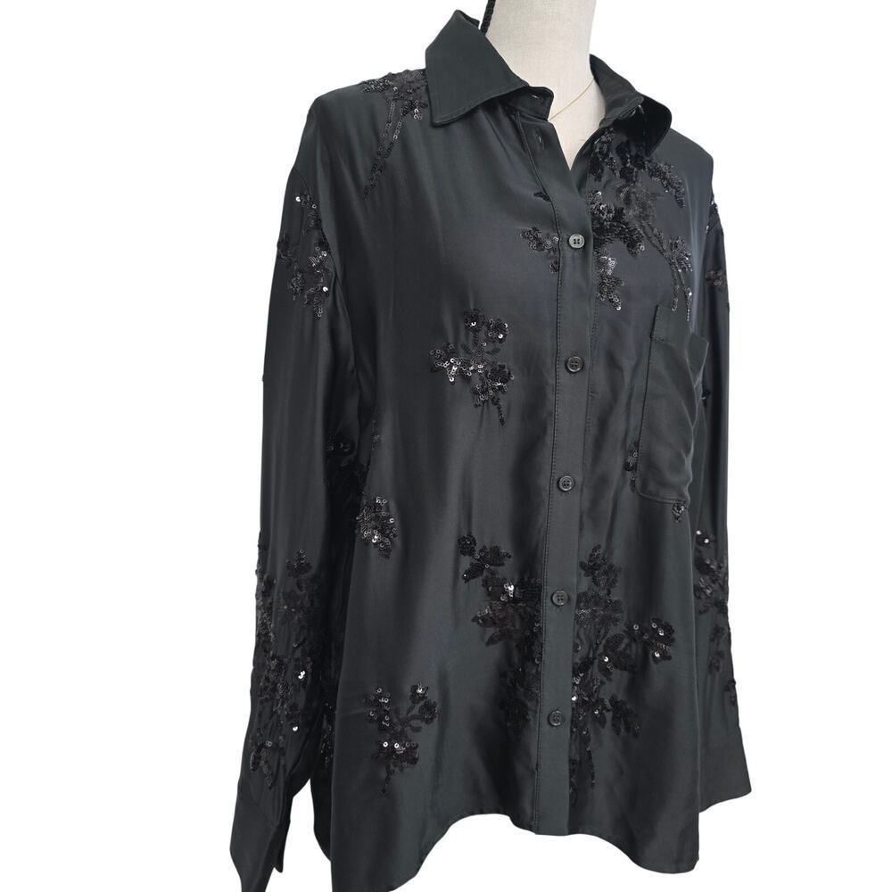 ZARA Women’s Dark Green Sequin Long Sleeve Button-Up Shirt Size S Evening Blouse